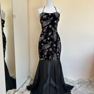 Vintage Black Glitter Maxi Dress: Formal Halter Prom Gown