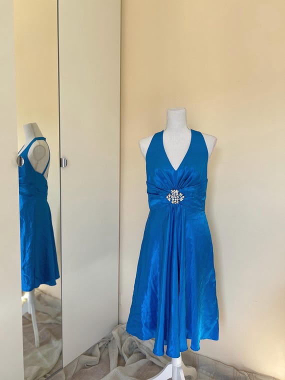 Blue Rhinestone Open Back Vintage Prom/Wedding Invitation Formal Dress