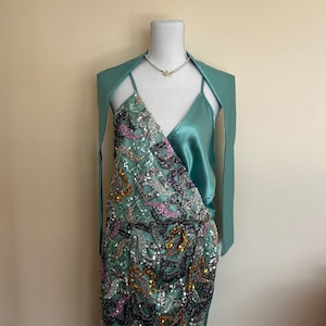 Embellished Maxi Dress, Brand New Beaded Dress, Turquoise Colourful Dress, Retro Style Dress, Deep Decoltage, Formal Dress, Prom Dress