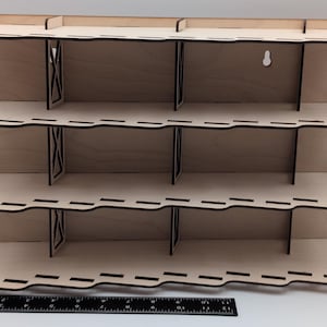 O scale car display shelf, glue less assembly! holds 24 1:48 scale or similar size cars, can stand on it's own or be wall mounted, 17x11x5"