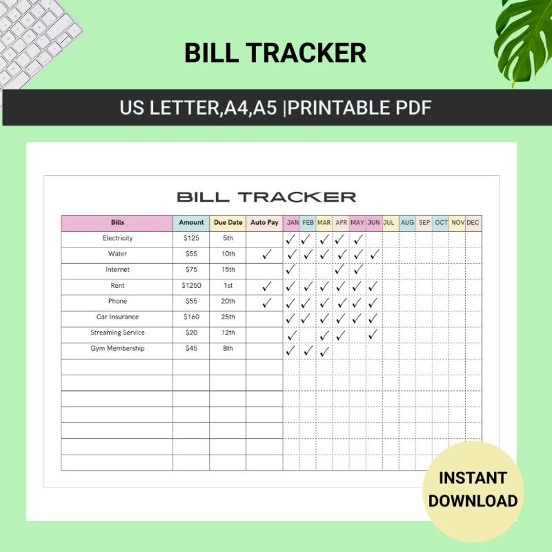 Yearly Bill Payment Tracker Printable: Expense Log (A4 A5 Letter Size ...