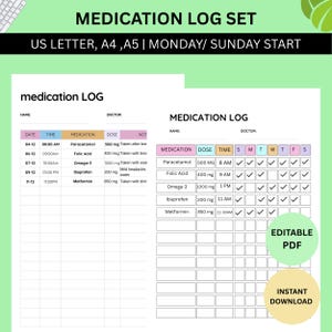 Planificador de registro de medicamentos editable/Seguimiento de suplementos imprimible/Hoja de medicación digital diaria (tamaño carta, A4, A5, PDF)