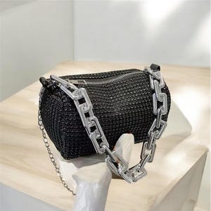 Silver Rhinestone Mini Bucket Bag – Glitter Chain Crossbody Purse – Sparkly Evening Handbag – Glam Prom Party Shoulder Bag