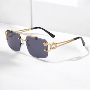 Luxury Vintage Rimless Sunglasses – Gold Leopard Frame, Double Bridge, UV400 Designer Style