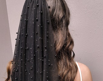 Black Pearl Beaded Wedding Veil | Wide Width Gothic Glamour