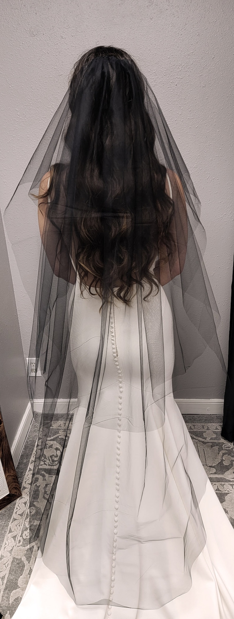 Simple Black 1 Layer Chapel Length Bridal Veil Cut Edge with Metal Comb Soft Tulle