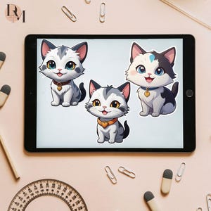 Autocollants numériques chat kawaii,Lot PNG de stickers chats mignons à imprimer,Clipart chaton pour planificateur,Téléchargement instantané