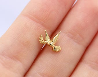 14K Solid Gold Bird Piercing, Minimalist Helix Tragus Stud
