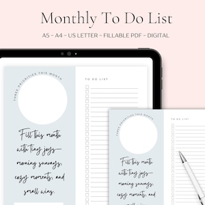 Monthly To-Do List Template Printable Digital Planner A4 A5 US Letter Fillable PDF Monthly Priorities & Reminders Monthly Checklist Insert
