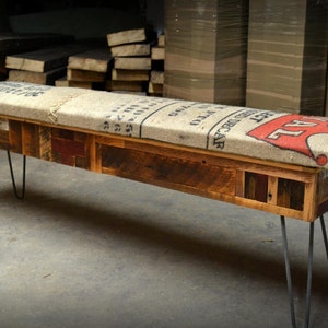 Reclaimed Wood and Recycled Coffee Sack Storage Benches image 2