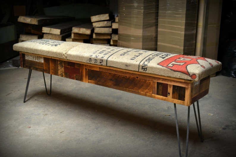 Reclaimed Wood and Recycled Coffee Sack Storage Benches image 2