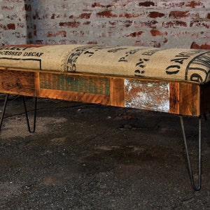 Reclaimed Wood and Recycled Coffee Sack Storage Benches image 1