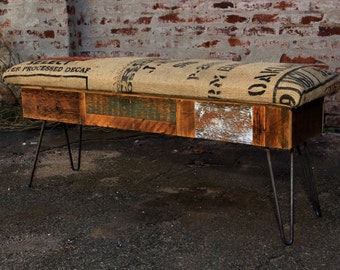 Reclaimed Wood and Recycled Coffee Sack Storage Benches