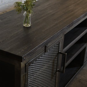 May include: A dark-stained wooden media console with a metal mesh door and open shelving. A small glass vase with green thistle-like flowers sits on top. The console has a modern, industrial design.