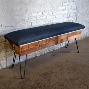 Reclaimed Pine Patchwork Storage Bench with Fabric Top image 1