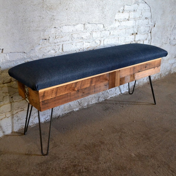 Reclaimed Pine Patchwork Storage Bench with Fabric Top