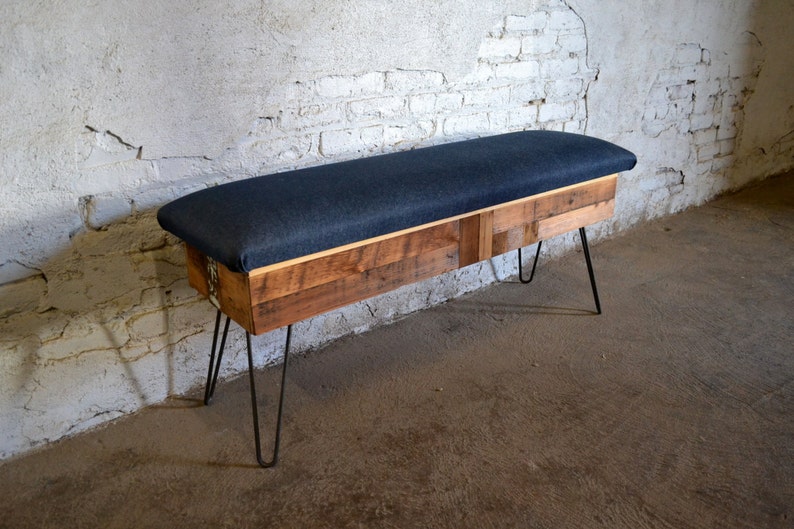 Reclaimed Pine Patchwork Storage Bench with Fabric Top image 1
