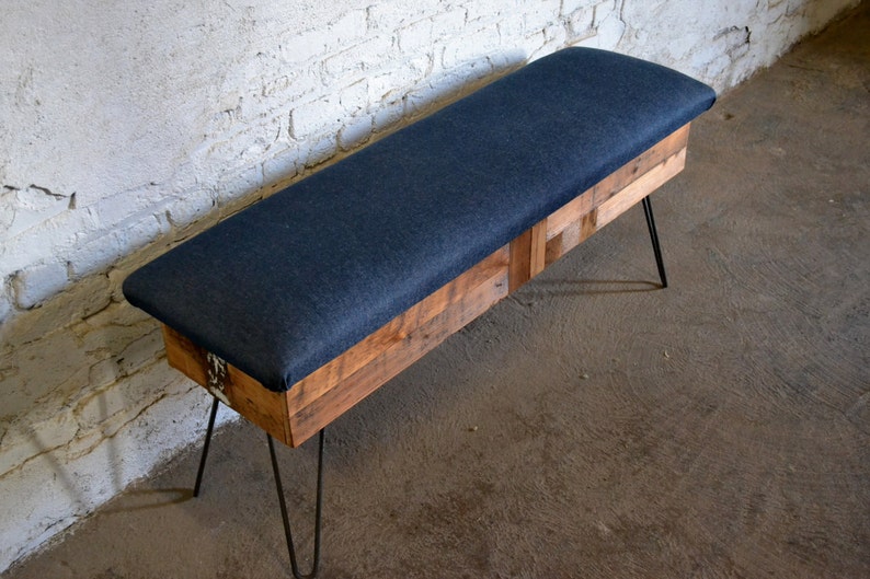 Reclaimed Pine Patchwork Storage Bench with Fabric Top image 3