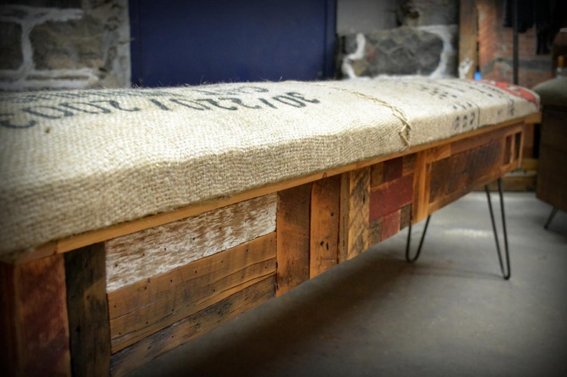 Reclaimed Wood and Recycled Coffee Sack Storage Benches image 4