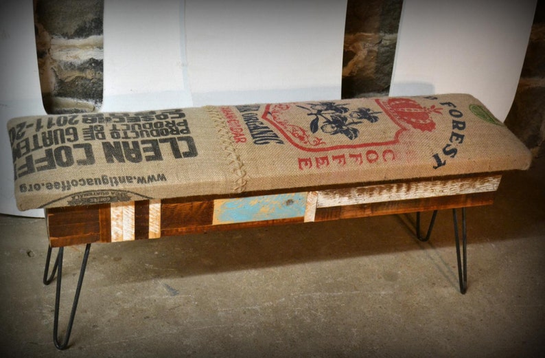 Reclaimed Wood and Recycled Coffee Sack Storage Benches image 3