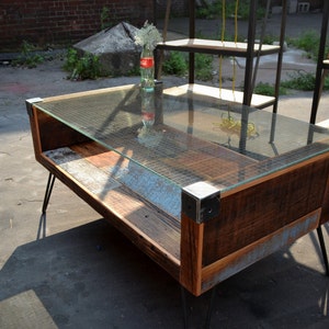 Reclaimed Wood & Wire Glass Coffee Table image 4