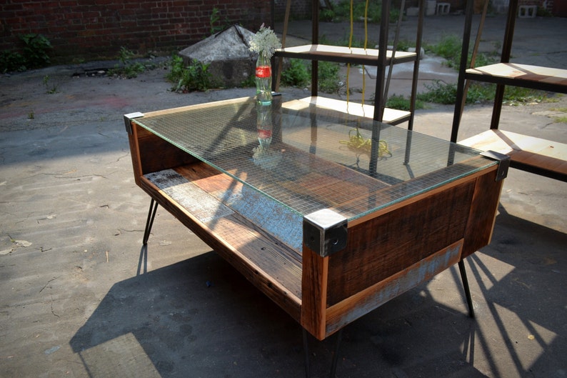 Reclaimed Wood & Wire Glass Coffee Table image 4