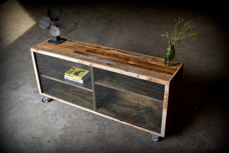 Reclaimed Wood Media Credenza with Removable Wire Glass Doors image 2