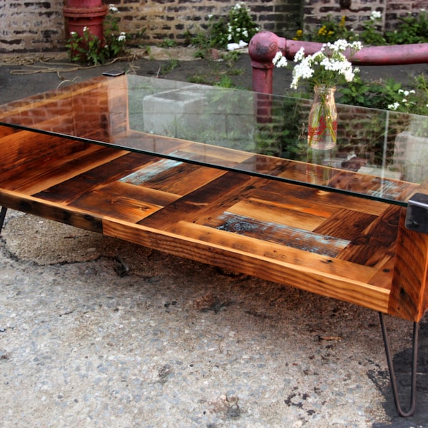 Reclaimed Wood & Tempered Glass Top Coffee Table