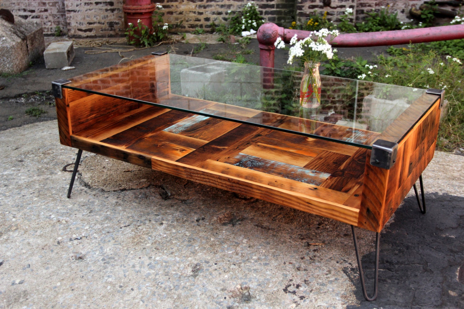 Reclaimed Wood Tempered Glass Top Coffee Table Etsy