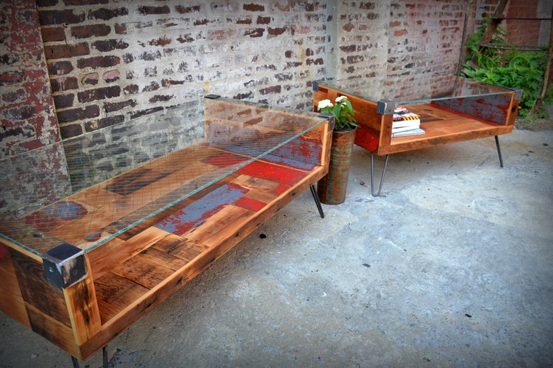 Reclaimed Wood & Wire Glass Coffee Table image 1