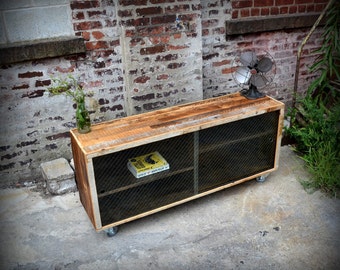 Reclaimed Wood Media Credenza with Removable Wire Glass Doors