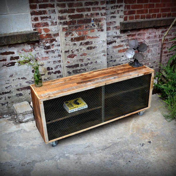 Reclaimed Wood Media Credenza with Removable Wire Glass Doors