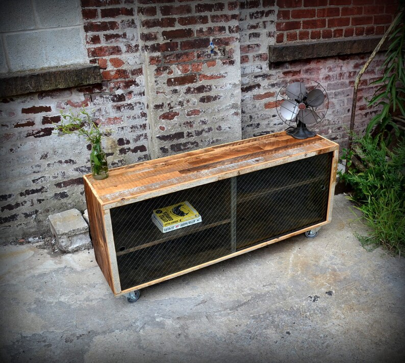 Reclaimed Wood Media Credenza with Removable Wire Glass Doors image 1