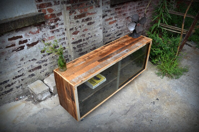 Reclaimed Wood Media Credenza with Removable Wire Glass Doors image 5