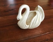 Vintage Ceramic Cream White Glazed Swan Centerpiece Vase Plant Holder Container Canister