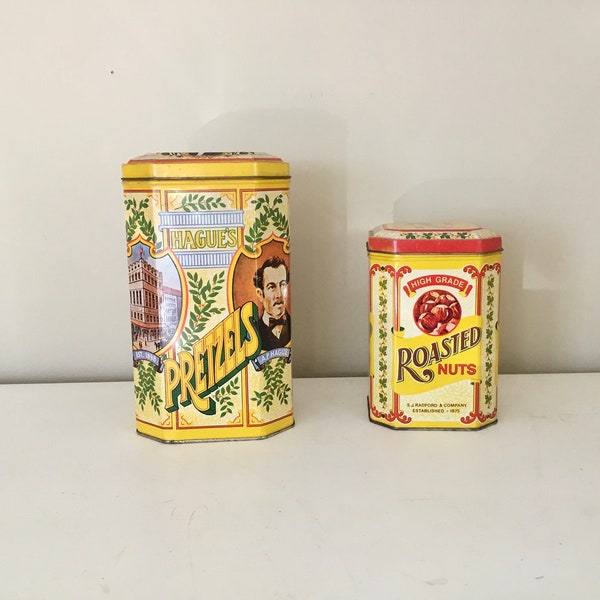 Two Vintage Octagon Tin boxes - Hagues Pretzels / Radford's Roasted Nuts - Collectible