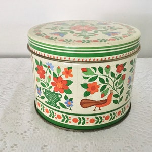 Vintage Hallmark Round Metal Tin Box with Lid Flowers Birds Fruits