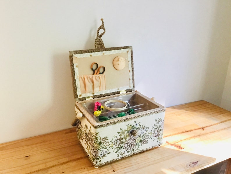 Vintage Tapestry Sewing Box Basket With Handle Plastic Divider Etsy