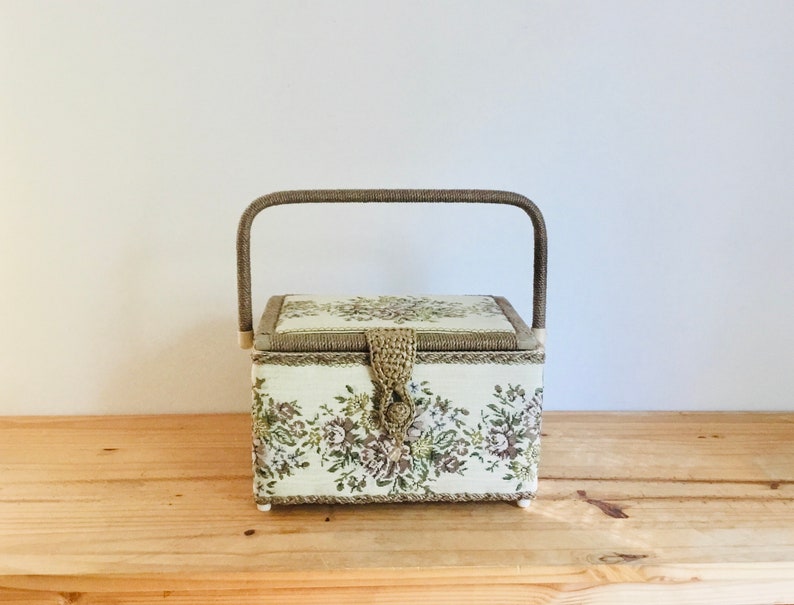 Vintage Tapestry Sewing Box Basket With Handle Plastic Divider Built in