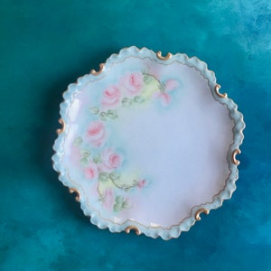 Vintage Pink Roses Ruffles Edge Hand Painted Porcelain trinket Tray, 10” Wall Decor Plate DIY