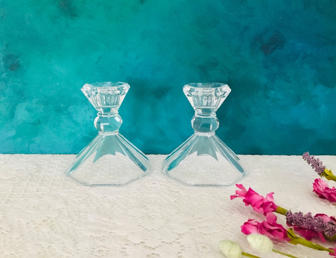 Set of 2 Lead Crystal Candle Holders Octagon Base, Convertible Candle