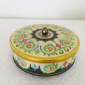 Floral Round Metal Tin Container with Lid & Knob Made in England Vintage Flowers