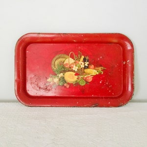 Vintage Hand Painted Metal Old Tray Red w/ Vegetables on Basket / Wall Decor
