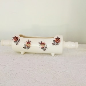 Vintage Ceramic Rolling Pin Planter Ivory w/Dark Roses Succulent Planter Signed R