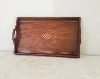Vintage Large Wood double handles Rectangular Wooden Inlaid Tray