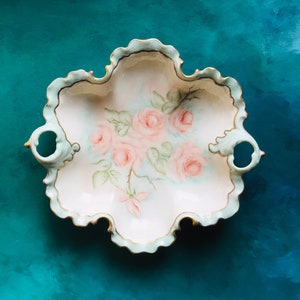 Vintage Pink Roses Ruffles Edge Hand Painted Porcelain trinket Tray, Wall Decor plate DIY