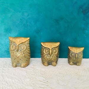 Vintage Solid Brass Owl Set Of 3 Figures Paperweights, Owl Lover,