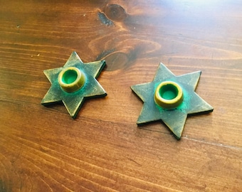 Pair Set of 2 Vintage Italy Green Star Ceramic Candle Holder