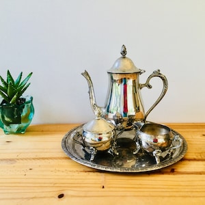 Vintage Silverplated 4 Piece Coffee Set Coffee Pot Creamer Sugar Bowl and Lid Serving Tray