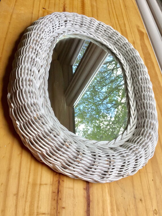 Vintage White Oval Wicker Mirror Wall Woven Framed Vintage White Oval Wicker Mirror Wall, White Wicker Mirror For Wall